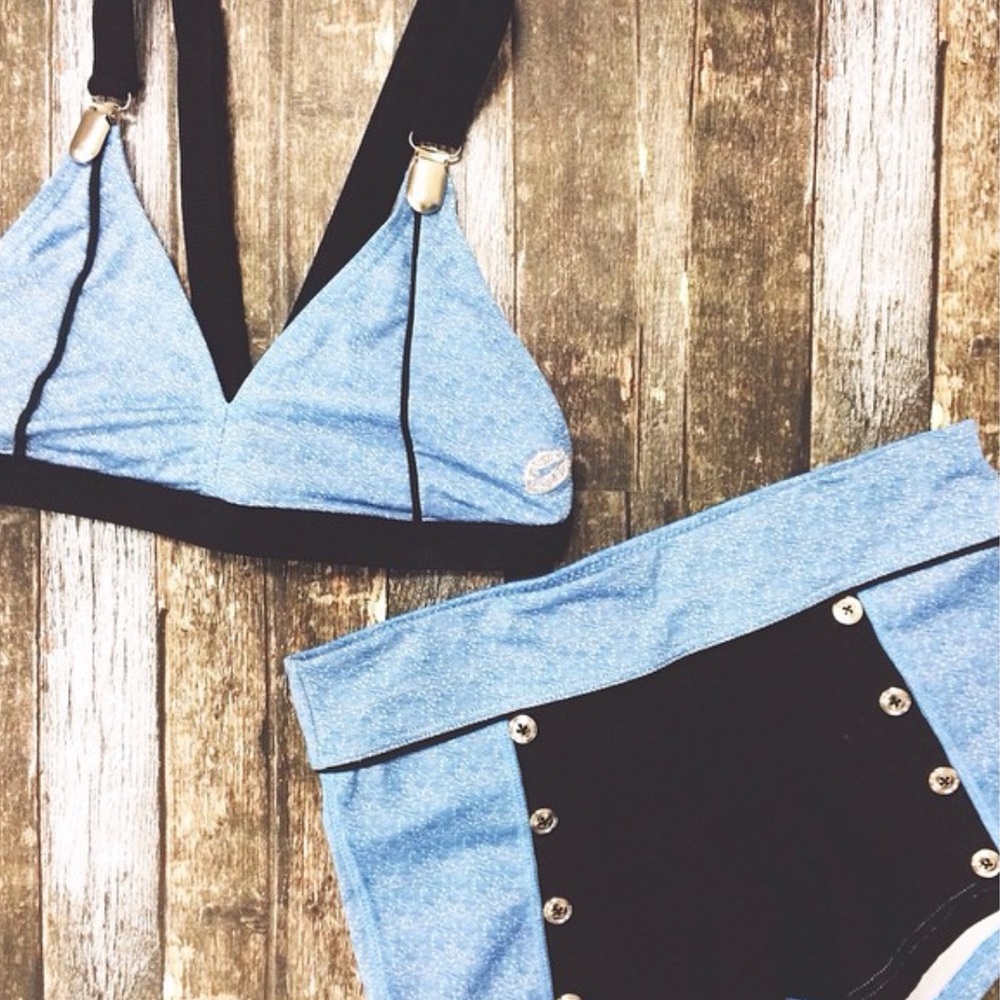 Jeans Suspenders cheer bra shorts dance